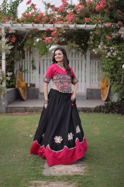 Delightful Black Pink Roman Fabric Navratri Lehenga Choli with Kutchi Gamthi Embroidery Work Navratri Lehnega Choli