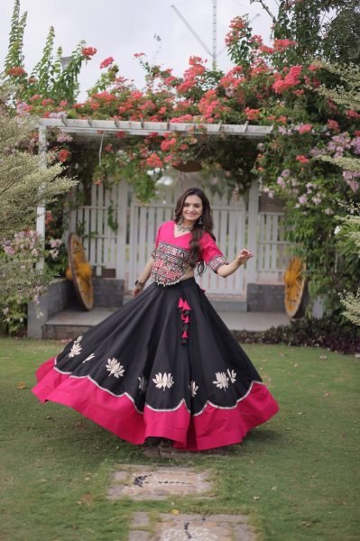 Delightful Black Pink Roman Fabric Navratri Lehenga Choli with Kutchi Gamthi Embroidery Work Navratri Lehnega Choli