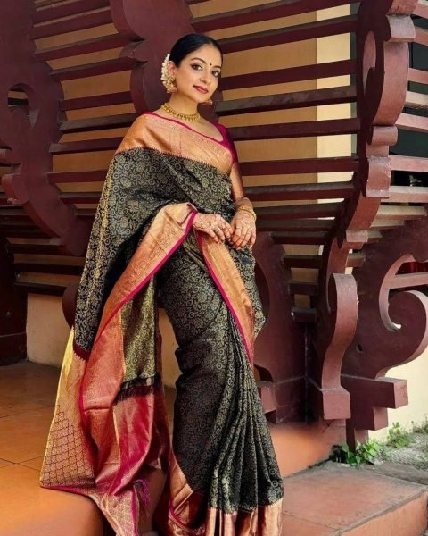 Delightful Black Soft Lichi Silk Saree with Jacquard Work for Festive Wear Designer Wedding Sarees Wholesale