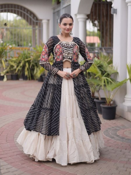 Delightful Black Women's Kora Cotton Lehenga and Laheriya Kurti Combo Set  Lehenga
