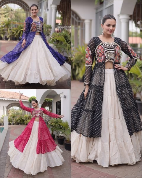 Delightful Black Women's Kora Cotton Lehenga and Laheriya Kurti Combo Set Navratri Lehnega Choli
