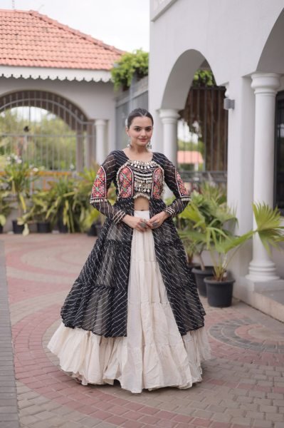 Delightful Black Women's Kora Cotton Lehenga and Laheriya Kurti Combo Set Navratri Lehnega Choli