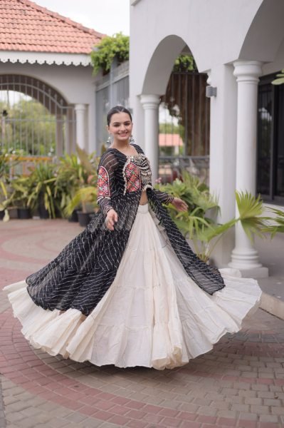 Delightful Black Women's Kora Cotton Lehenga and Laheriya Kurti Combo Set Navratri Lehnega Choli
