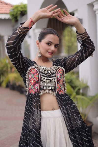 Delightful Black Women's Kora Cotton Lehenga and Laheriya Kurti Combo Set Navratri Lehnega Choli