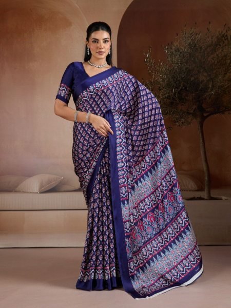 Delightful Blue Designer Ajrakh Inspired Satin Georgette Saree with Traditional Motifs Sarees 