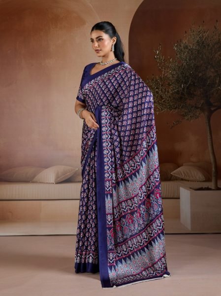 Delightful Blue Designer Ajrakh Inspired Satin Georgette Saree with Traditional Motifs Georgette Sarees Wholesale
