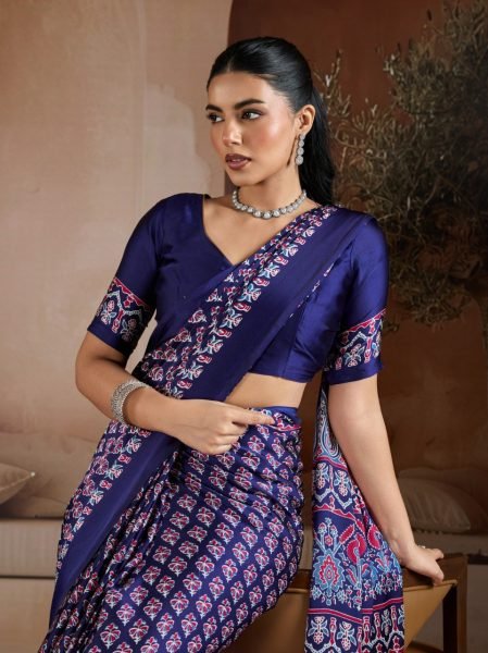 Delightful Blue Designer Ajrakh Inspired Satin Georgette Saree with Traditional Motifs Georgette Sarees Wholesale