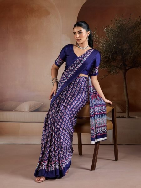 Delightful Blue Designer Ajrakh Inspired Satin Georgette Saree with Traditional Motifs Georgette Sarees Wholesale