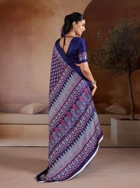 Delightful Blue Designer Ajrakh Inspired Satin Georgette Saree with Traditional Motifs Georgette Sarees Wholesale