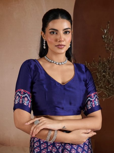 Delightful Blue Designer Ajrakh Inspired Satin Georgette Saree with Traditional Motifs Georgette Sarees Wholesale