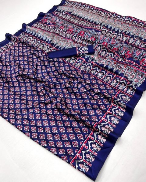 Delightful Blue Designer Ajrakh Inspired Satin Georgette Saree with Traditional Motifs Georgette Sarees Wholesale