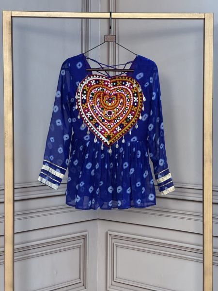 Delightful Blue Gamthi Patchwork Top in Faux Georgette with Bandhani Print at Wholesale Rate Kurtis