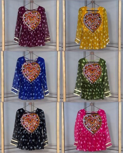 Delightful Blue Gamthi Patchwork Top in Faux Georgette with Bandhani Print at Wholesale Rate Tunics kurti