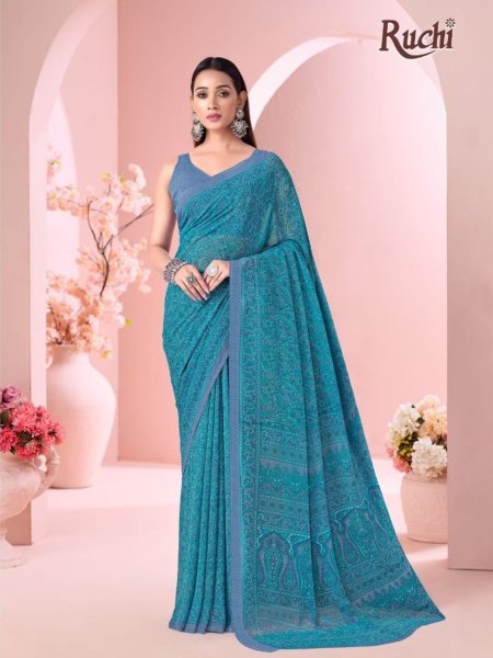 Delightful Blue Wholesale Printed Georgette Saree at Manufacturer Price 