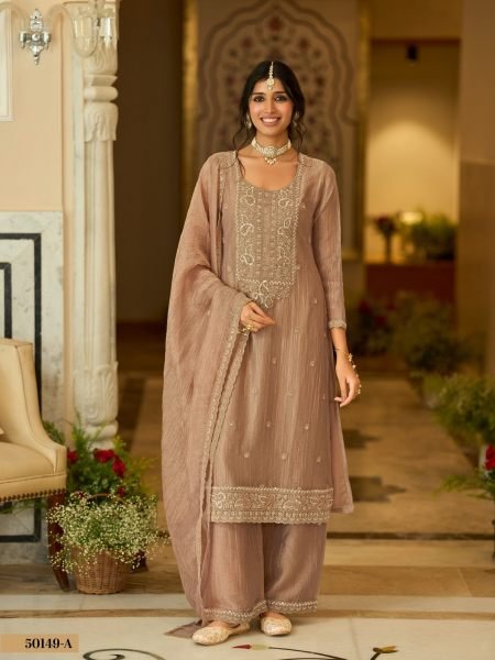Delightful Brown Traditional Salsa Silk Palazzo Suit with Rich Embroidery Work For Party 