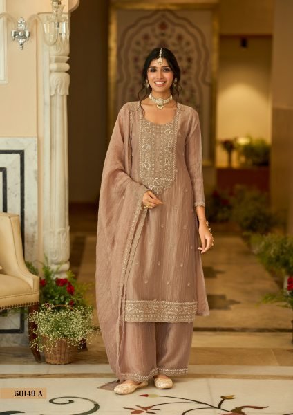 Delightful Brown Traditional Salsa Silk Palazzo Suit with Rich Embroidery Work For Party Designer Plazzo Salwar Suits Wholesale