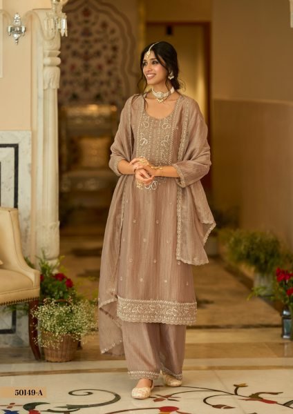 Delightful Brown Traditional Salsa Silk Palazzo Suit with Rich Embroidery Work For Party Designer Plazzo Salwar Suits Wholesale