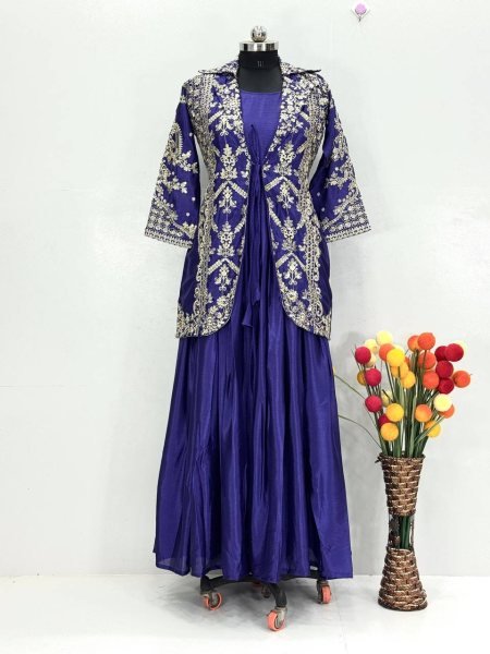 Delightful Chinon Embroidered Koti with Flared Gown for Reception Wear Ready To Wear Collection