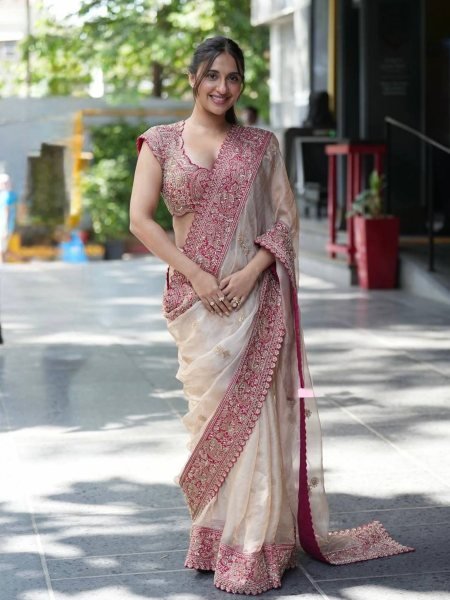 Delightful Cream Glass Organza Silk Saree with Sequins Thread Embroidery Work Sarees 