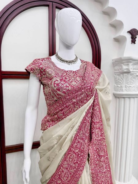 Delightful Cream Glass Organza Silk Saree with Sequins Thread Embroidery Work Silk Sarees Wholesale