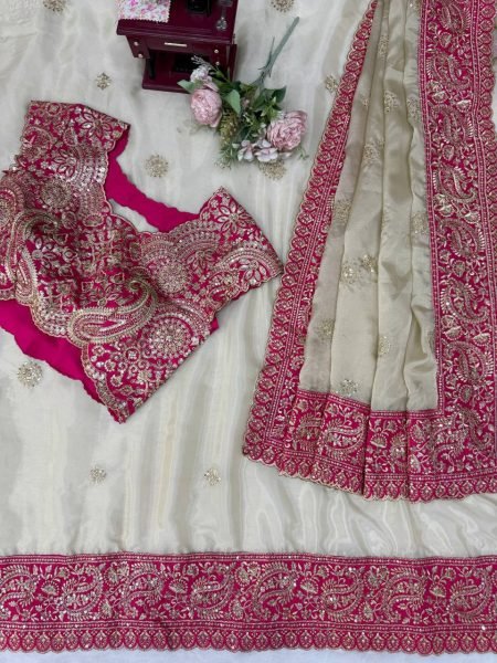 Delightful Cream Glass Organza Silk Saree with Sequins Thread Embroidery Work Silk Sarees Wholesale