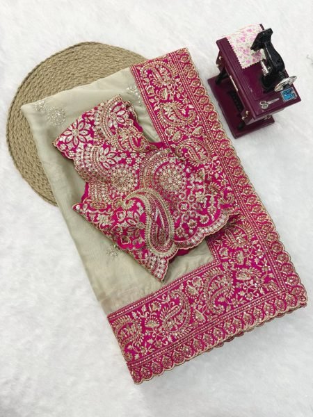 Delightful Cream Glass Organza Silk Saree with Sequins Thread Embroidery Work Silk Sarees Wholesale