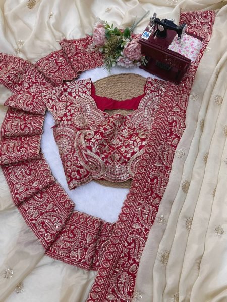 Delightful Cream Glass Organza Silk Saree with Sequins Thread Embroidery Work Silk Sarees Wholesale