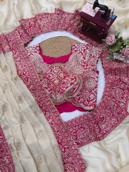Delightful Cream Glass Organza Silk Saree with Sequins Thread Embroidery Work Silk Sarees Wholesale