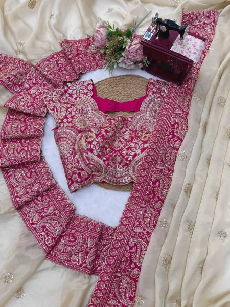 Delightful Cream Glass Organza Silk Saree with Sequins Thread Embroidery Work Silk Sarees Wholesale