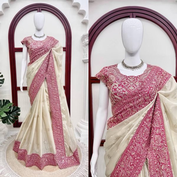 Delightful Cream Glass Organza Silk Saree with Sequins Thread Embroidery Work Silk Sarees Wholesale