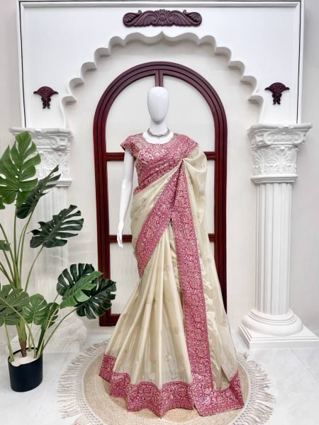 Delightful Cream Glass Organza Silk Saree with Sequins Thread Embroidery Work Silk Sarees Wholesale