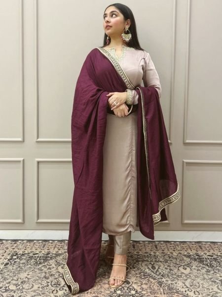 Delightful Cream Heavy Roman Fabric Embroidered Suit Set with Vichitra Dupatta 