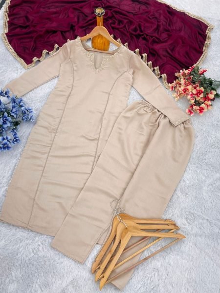 Delightful Cream Heavy Roman Fabric Embroidered Suit Set with Vichitra Dupatta Embroidery Kurtis 