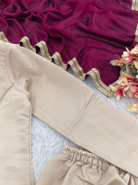 Delightful Cream Heavy Roman Fabric Embroidered Suit Set with Vichitra Dupatta Embroidery Kurtis 