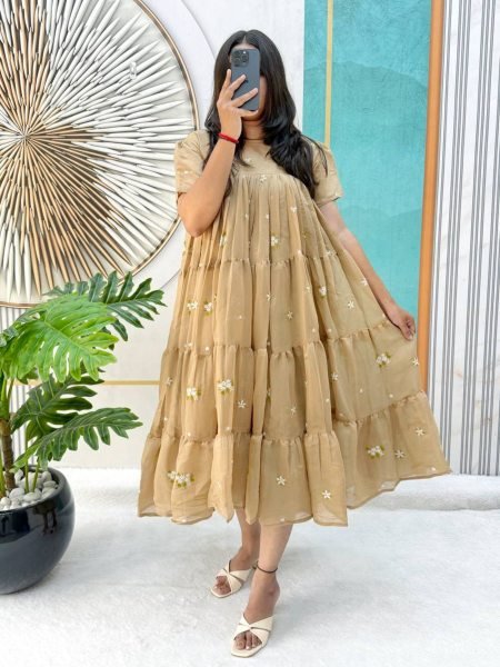 Delightful Cream Mull Cotton Chanderi Floral Midi Gown with Embroidery Work and Micro Cotton Lining for Summer Wear Kurtis