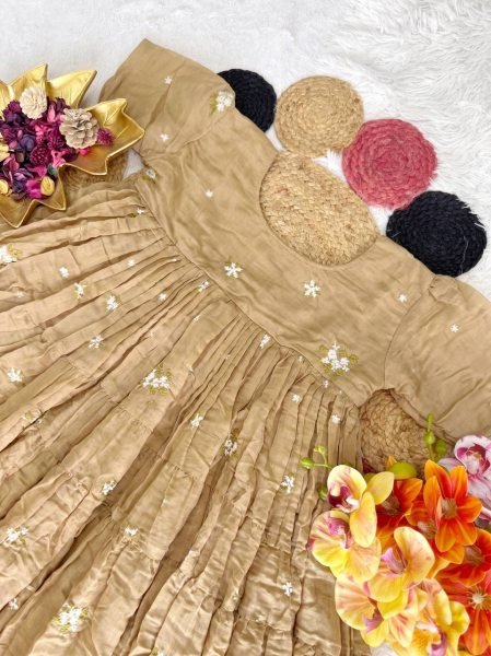 Delightful Cream Mull Cotton Chanderi Floral Midi Gown with Embroidery Work and Micro Cotton Lining for Summer Wear Anarkali Kurtis 