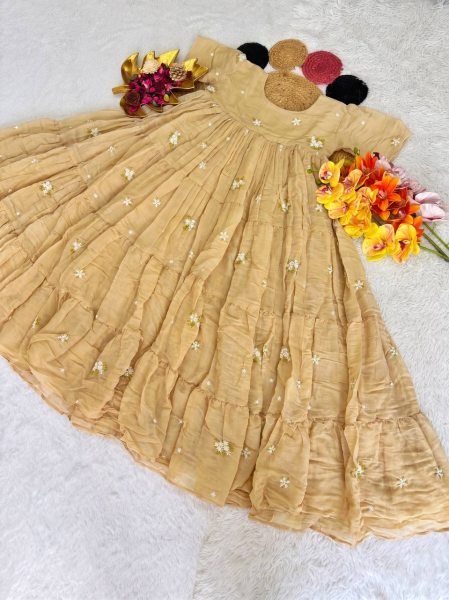 Delightful Cream Mull Cotton Chanderi Floral Midi Gown with Embroidery Work and Micro Cotton Lining for Summer Wear Anarkali Kurtis 