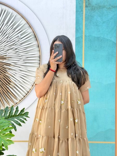 Delightful Cream Mull Cotton Chanderi Floral Midi Gown with Embroidery Work and Micro Cotton Lining for Summer Wear Anarkali Kurtis 