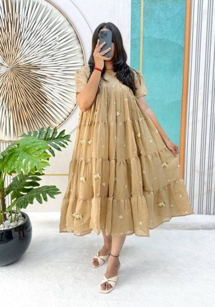 Delightful Cream Mull Cotton Chanderi Floral Midi Gown with Embroidery Work and Micro Cotton Lining for Summer Wear Anarkali Kurtis 