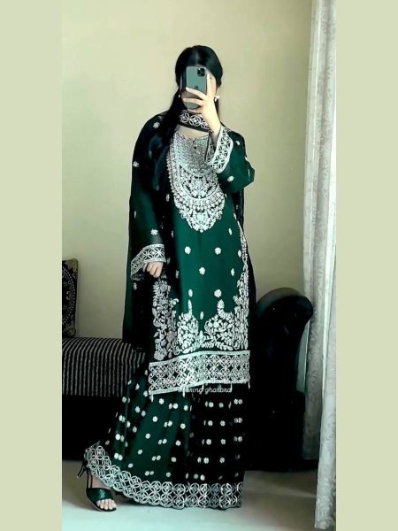 Delightful Faux Georgette Embroidery Sequin Work Kurti Plazzo Dupatta Set for Exports 