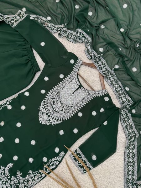 Delightful Faux Georgette Embroidery Sequin Work Kurti Plazzo Dupatta Set for Exports Ready To Wear Collection