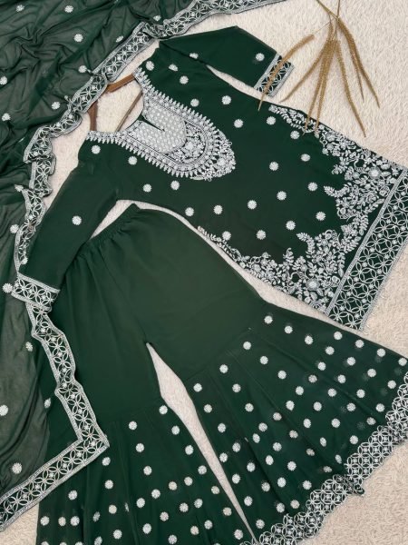 Delightful Faux Georgette Embroidery Sequin Work Kurti Plazzo Dupatta Set for Exports Ready To Wear Collection