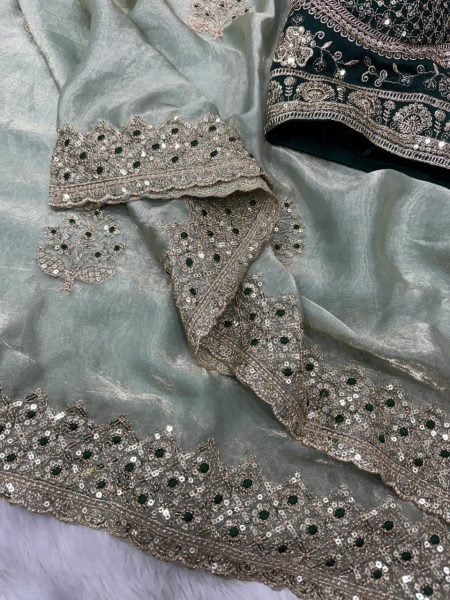 Delightful Green Fendy Satin Party Wear Saree with Embroidered Border and Tassel Blouse Designer Wedding Sarees Wholesale