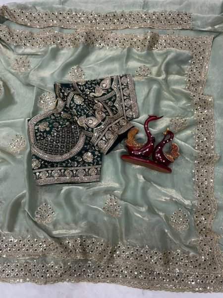 Delightful Green Fendy Satin Party Wear Saree with Embroidered Border and Tassel Blouse Designer Wedding Sarees Wholesale