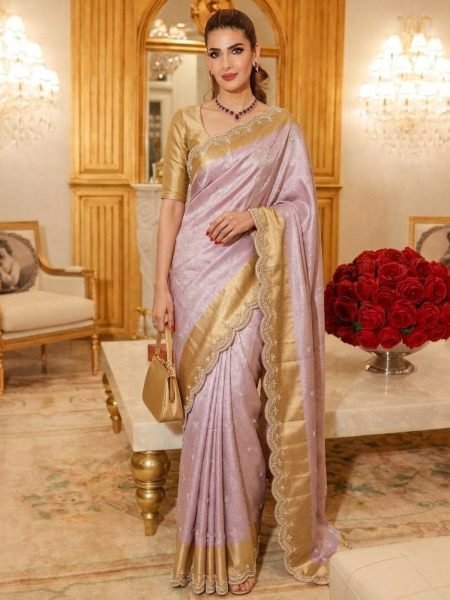 Delightful Lavender Pure Kanjivarm Silk Saree with Cutwork Arco Border for Wedding Wear 