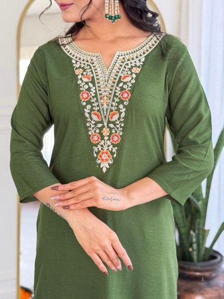 Delightful Mahendi Green Rayon Straight Kurta Set with Embroidery Work and Dupatta Kurtis