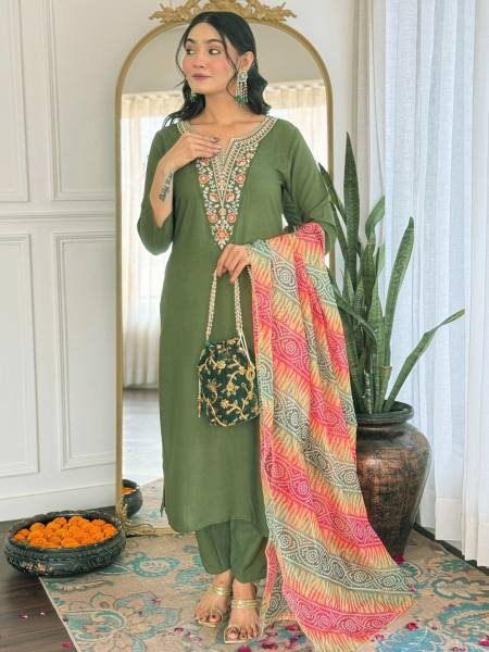 Delightful Mahendi Green Rayon Straight Kurta Set with Embroidery Work and Dupatta  Straight Cut Long Kurtis