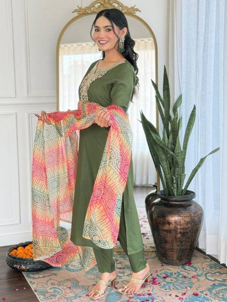 Delightful Mahendi Green Rayon Straight Kurta Set with Embroidery Work and Dupatta  Straight Cut Long Kurtis