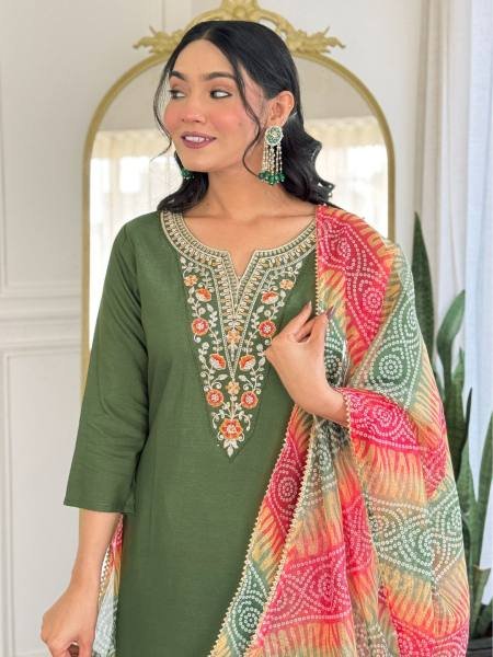 Delightful Mahendi Green Rayon Straight Kurta Set with Embroidery Work and Dupatta  Straight Cut Long Kurtis