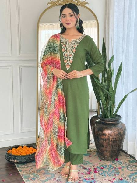 Delightful Mahendi Green Rayon Straight Kurta Set with Embroidery Work and Dupatta  Straight Cut Long Kurtis